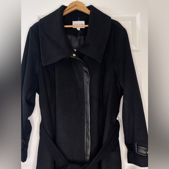 Cole Hann | Black Wool Trench Coat with Leather Trim Women’s 3X - Picture 12 of 16